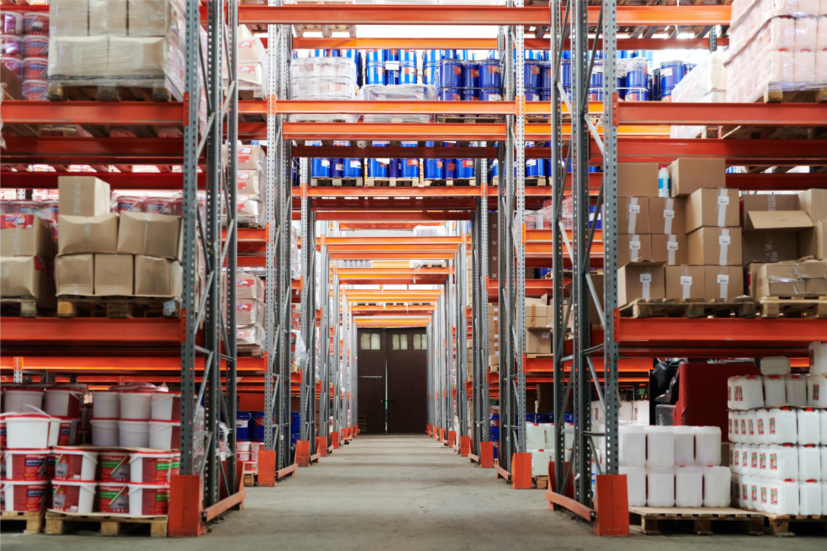 A warehouse with boxes on the shelves